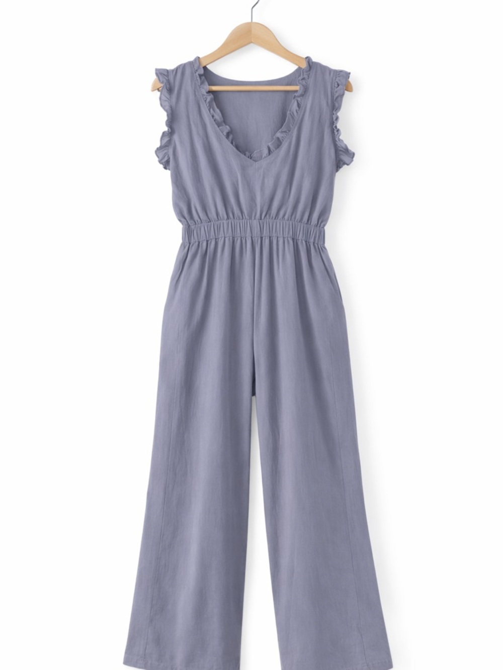 Cherfly Gray Boho Wide Leg Jumpsuit Ruffle Sleeve Elastic Waist Size S